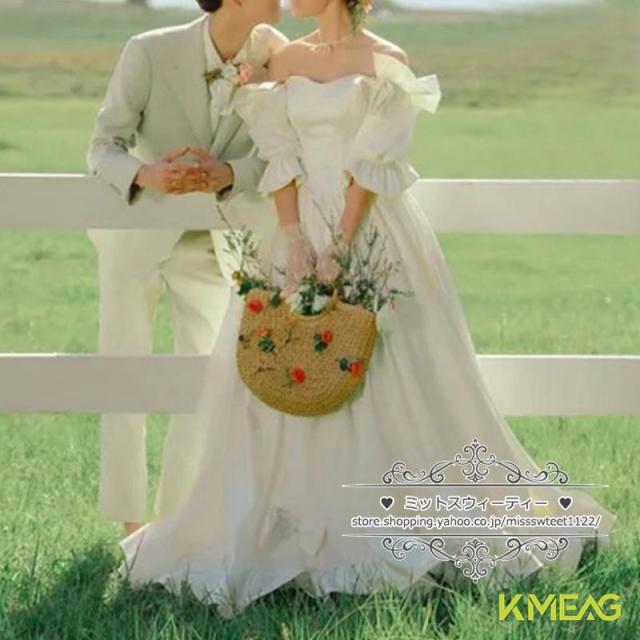 ウェディングドレス 二次会 結婚式 オフホワイト ブライダル サテン 前撮り 海外挙式 花嫁 リゾートウェディング 記念撮影 レトロドレス ガーデンウエディング
