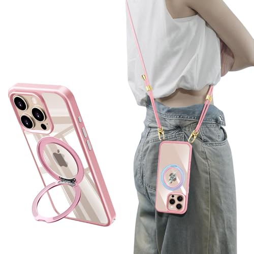 iPhone 16 Pro ケース クリア MagSafe 360度回転 スタンド マグネット搭載 ワイヤレス充電 カバー ショルダー ネック ストラップ付き 長さ調整可能 耐衝撃 スマホケース 多機能 角度調整 軽量 薄型 シリコン TPU 紐付き 斜めがけ 取り外し可能 紛失防止 さく ...