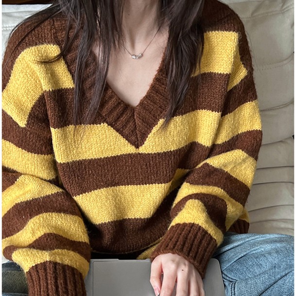 u25975レディース ニット セーター 韓国風 トップス ストライプ 2024冬新作 コントラスト色 / カットソー ss675の通販は