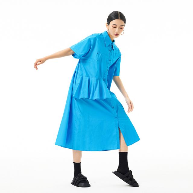 レディース シャツワンピース フリル 2024春夏新作 ロング丈 POLO カジュアル 3色 / レデイース 10090#の通販は