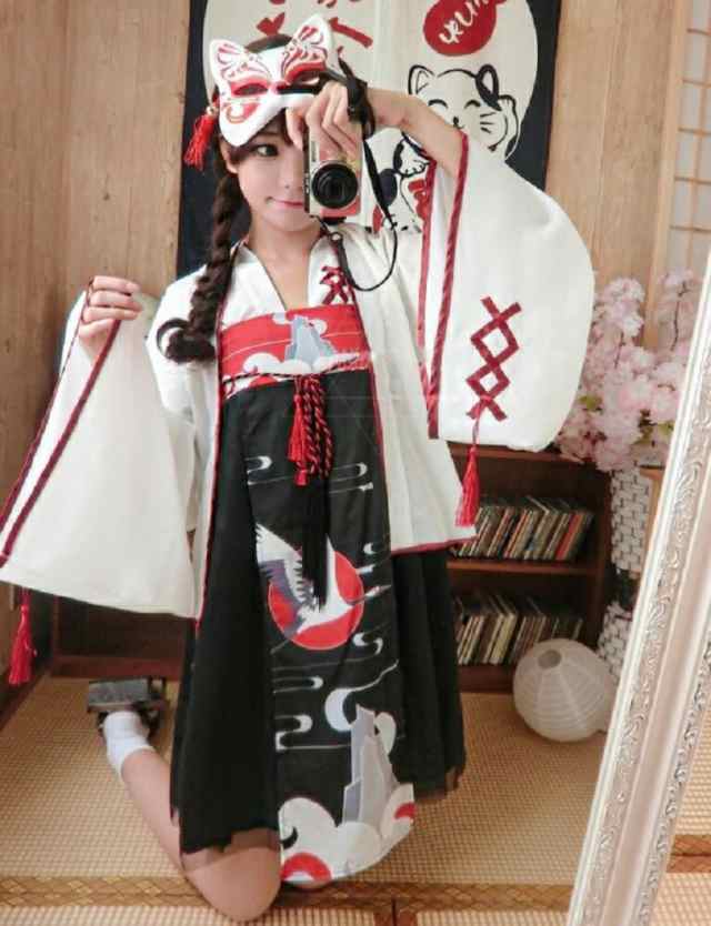 ワンピース 巫女風 鶴柄ワンピース ホワイト 韓国ファッション 羽織