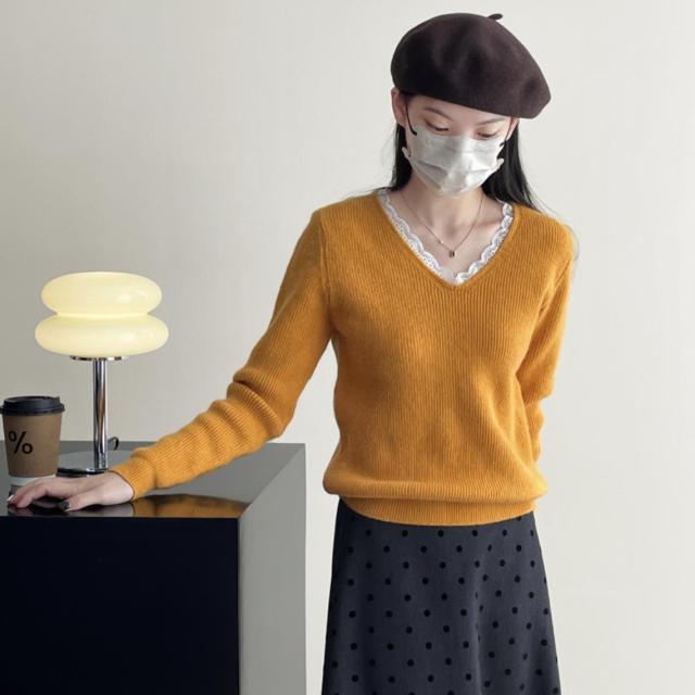 レディース ニット セーター カットソートップス Vカラー レース 2024秋冬新作 / YL1036 5,349円