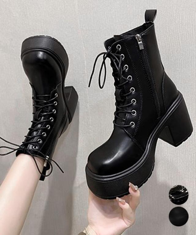 ショートブーツ 厚底ブーツ レースアップ / 履きやすいくつ合皮 おしゃれ靴秋冬くつ PUストームブーツの通販は