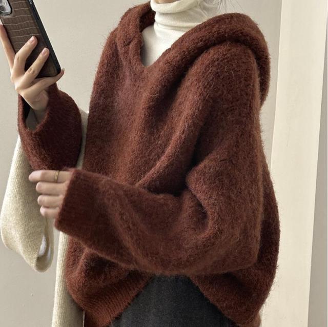 レディース ニット セーター トップス カットソー 帽子付き 韓国風 カジュアル 6色 / P967の通販は