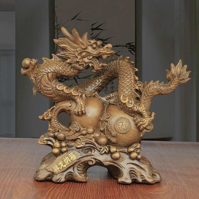 風水 龍 ドラゴン 木彫り ひょうたん 瓢箪 木製 竜 玄関 龍の飾 / 置物