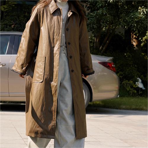 レディース レザージャケットトップス カジュアル 長袖 快適 ロング丈 無地 欧米風の通販は