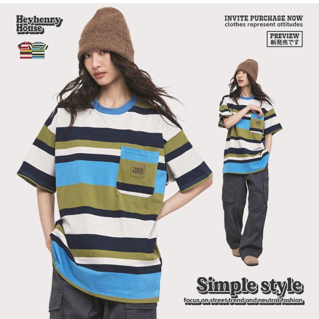 P17166メンズ 2024春夏新作 ストライプTシャツ 半袖 コントラスト色 ペアルック ラウンドネック / メンズアパレル ファッション CYC-6063の通販は 5,023円