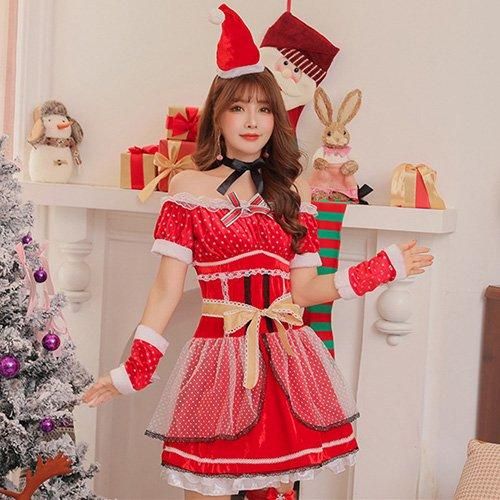 【グラシア】 コスプレ 衣装 コスチューム 仮装 セクシー キュート コス サンタガール オフショル キュート チュール デコルテ リボン 可愛い ボリューミー 女子力 ミニ丈 レース レッド Mサイズ の通販は
