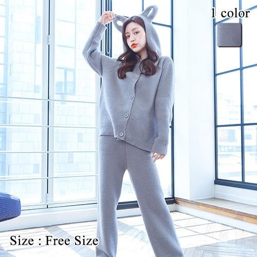 【グラシア】 ルームウェア モコモコ パジャマ 部屋着 キュート セットアップ ゆったり 伸縮性 グレー フリーサイズ