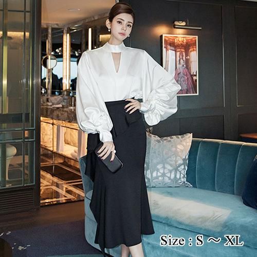 【グラシア】 キャバ ドレス キャバドレス ワンピース ロングドレス マーメイドライン エレガント サテン セットアップ ボディライン ホルターネック メリハリ 光沢 ゆったり 胸元 大人 ドレープ ホワイト S M L XL