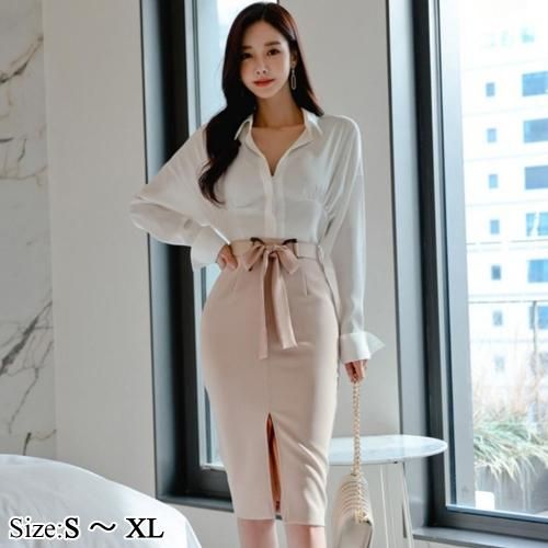 【グラシア】 キャバ ドレス キャバドレス ワンピース ミディアムドレス ウエストマーク エレガント セットアップ タイト リボン 羽織る 大人 ホワイト×ピンク S M L XL の通販は 6,373円