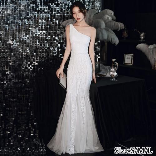 【グラシア】 キャバ ドレス キャバドレス ワンピース パーティードレス ワンショルダー エレガント タイト チュール 肌魅せ 刺繍 高級感 大胆 透け感 ホワイト S M L