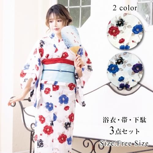【グラシア】 浴衣 結び帯 鼻緒下駄 3点セット 小さな椿が華やかな浴衣 レッド×ブルー パープル×ブルー フリーサイズの通販は