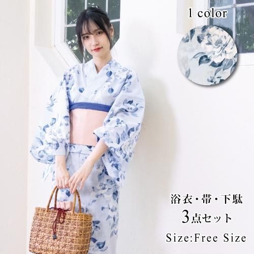 【グラシア】 浴衣 結び帯 鼻緒下駄 3点セット 淡いブルーの椿の花柄が清楚な浴衣 ブルー フリーサイズの通販は