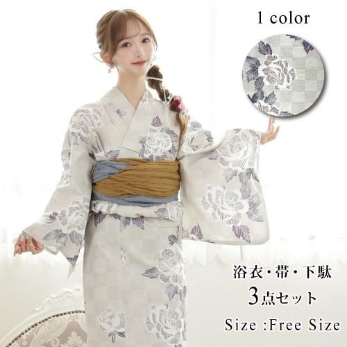 【グラシア】 浴衣 兵児帯 鼻緒下駄 3点セット 市松模様に芍薬が高貴な美しさ感じる浴衣 グレージュ フリーサイズ