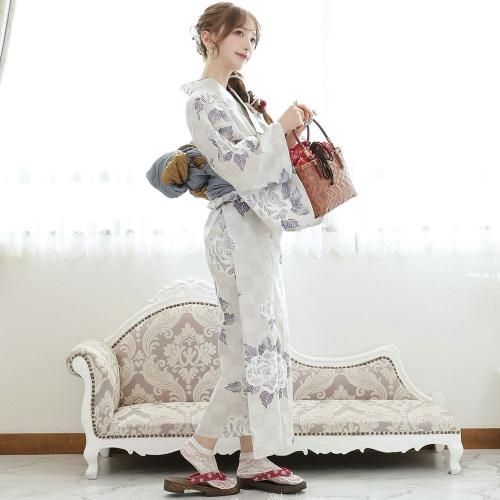 グラシア】 浴衣 兵児帯 鼻緒下駄 3点セット 市松模様に芍薬が高貴な美