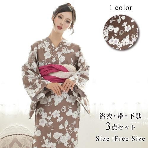 【グラシア】 浴衣 兵児帯 鼻緒下駄 3点セット 夏椿をメインとした花々が優雅に咲き誇った浴衣 ブラウン フリーサイズ
