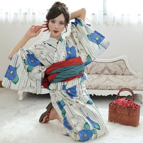 グラシア】 浴衣 兵児帯 鼻緒下駄 3点セット ストライプに鮮やかな夏椿