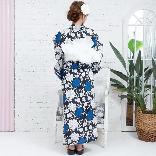 グラシア】 浴衣 兵児帯 鼻緒下駄 3点セット 黒地に青の芍薬が幻想的