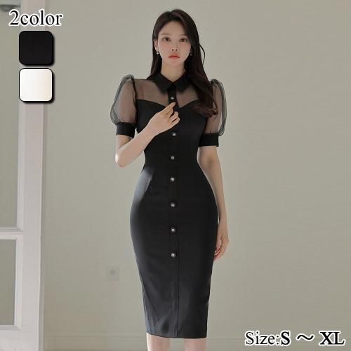 【グラシア】 キャバ ドレス キャバドレス ワンピース ミディアムドレス デコルテ すっきり 軽やか 大人 透け感 シアー ブラック ホワイト S M L XL の通販は 5,526円