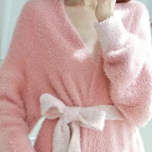 【グラシア】 ルームウェア モコモコ パジャマ 部屋着 ガウン シンプル ふんわり ワントーンカラー ロング ニット 優しい ブラウン グリーン ピンク フリーサイズ グラシア】 ルームウェア モコモコ パジャマ 部屋着 ガウン シンプル