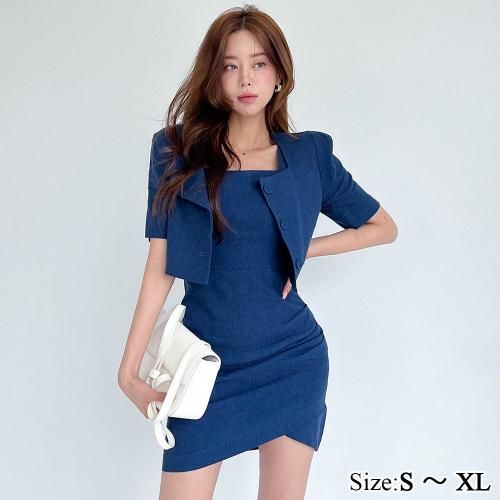 【グラシア】 キャバ ドレス キャバドレス ワンピース ミニドレス 半袖 トレンド スクエアネック ギャザー デニム シルエット セットアップ ツーピース すっきり 軽やか 柔らか ネイビー S M L XL