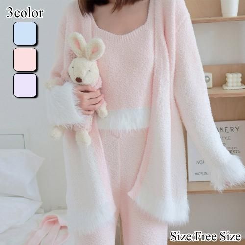 【グラシア】 ルームウェア モコモコ パジャマ 部屋着 ガウン タンクトップ フェミニン ふんわり ロング グラデ こなれ感 タンクトップ 愛らしい 柔らか ニット ブルー ピンク パープル フリーサイズ