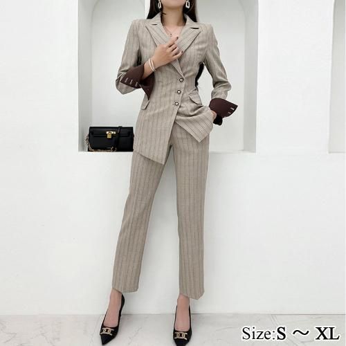 キャバ スーツ キャバスーツ フォーマルオールインワン・スーツ アシンメトリー クール クラシカル スタイリッシュ ストライプ セットアップ メリハリ ロング ブラウン S M L XL