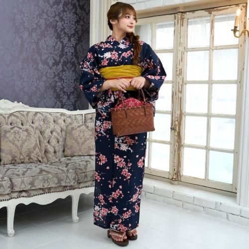 濃紺に可憐な桜の花びらが舞い散る浴衣3点セット(YUKATA) 濃紺に可憐な桜の花びらが舞い散る浴衣3点セット(YUKATA)