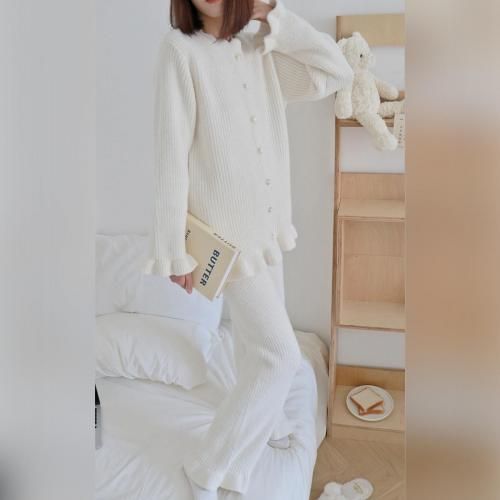 ルームウェア モコモコ パジャマ 部屋着 パールボタン シンプル フェミニン フリル パール リブ編み 愛らしい 柔らか 大人 カーディガン ホワイト フリーサイズ_2