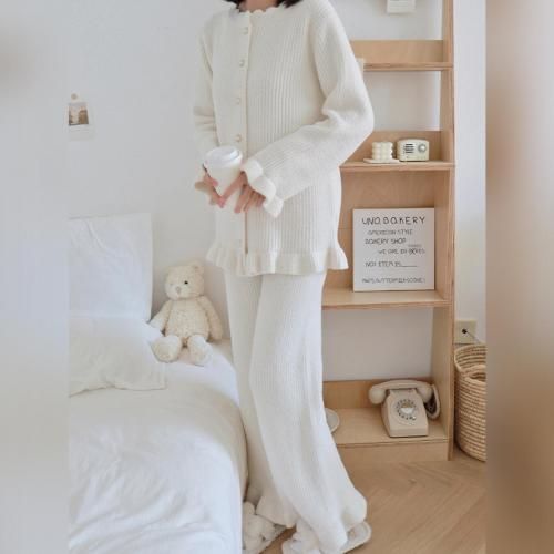 ルームウェア モコモコ パジャマ 部屋着 パールボタン シンプル フェミニン フリル パール リブ編み 愛らしい 柔らか 大人 カーディガン ホワイト フリーサイズ_3