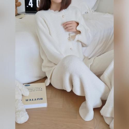 ルームウェア モコモコ パジャマ 部屋着 パールボタン シンプル フェミニン フリル パール リブ編み 愛らしい 柔らか 大人 カーディガン ホワイト フリーサイズ_4