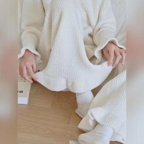 ルームウェア モコモコ パジャマ 部屋着 パールボタン シンプル フェミニン フリル パール リブ編み 愛らしい 柔らか 大人 カーディガン ホワイト フリーサイズ_6