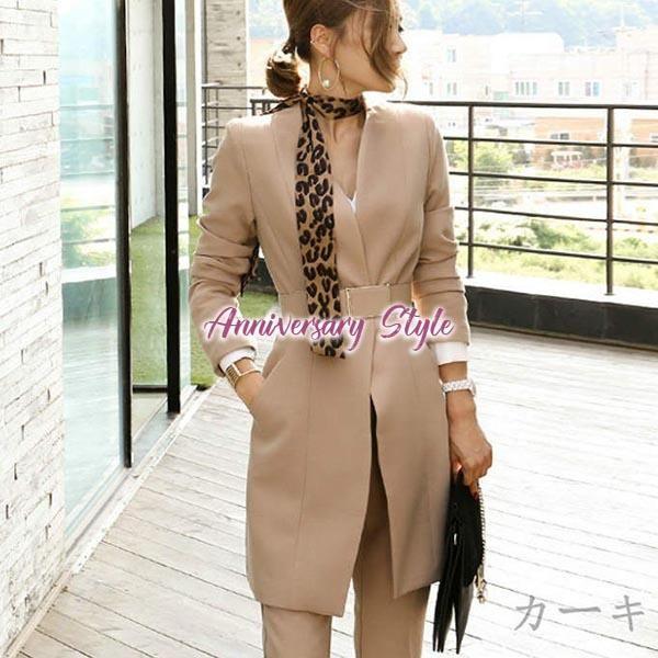 パンツスーツ S Xl 黒 ベージュ 即納有 結婚式 ビジネス セットアップ ノーカラー ロングジャケット パンツ 無地 長袖 パンツドレス の通販はau Pay マーケット アニバーサリースタイル