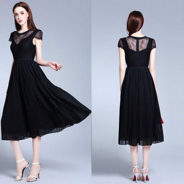 ミモレ丈ワンピース 予約 レース シフォンプリーツ切替 ロングドレス 黒 L 2L 3L 4L 5L 6L MD-Y11518の通販は 7,969円