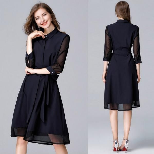 膝丈 ワンピース 七分袖 パーティドレス 異素材切替 シースルー袖 ネイビー L 2L 3L 4L 5L 6L 大きいサイズ MD-Y140566 レディース