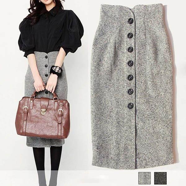 ペンシルスカート L 2L ツイード 黒 グレー 前ボタン 前開き YANY-0186 レディース タイト 膝下丈 ミモレ丈 ハイウエストの通販は 5,999円