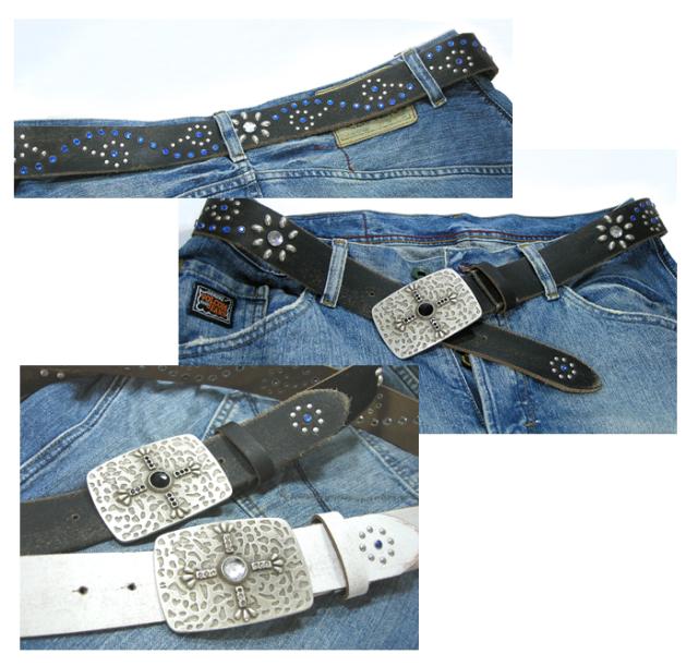 本革ヴィンテージ加工！クロスバックルの本革レザースタッズベルト