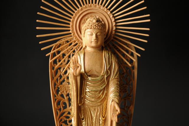 【仏像】【白檀のような高級材：薄香茶木檀】【ご本尊】【水晶眼入り・切り金仏像】立阿弥陀（浄土真宗西ご本尊）3.5寸　送料無料_2