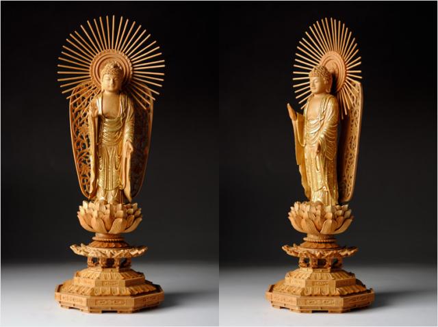 【仏像】【白檀のような高級材：薄香茶木檀】【ご本尊】【水晶眼入り・切り金仏像】立阿弥陀（浄土真宗西ご本尊）3.5寸　送料無料_1