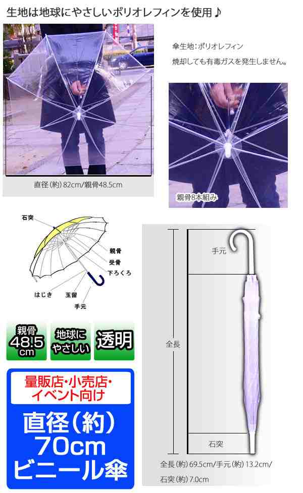 新しいエルメス 透明 POE ビニール傘 直径70cm ＃501x15本セット 親骨48.5cm 長傘