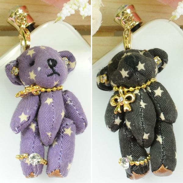 【匿名配送／チェック柄】Crystalおリボンアクセサリーテディベアストラップ ベアチャーム テディベア チャーム ドット柄 星柄 モチーフ