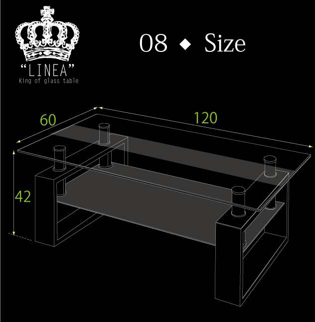 ガラステーブル LINEA 幅120cmx60cm デザインスモークガラス+下段