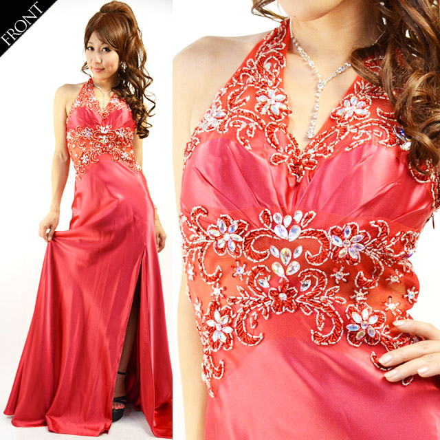 セール 値下げ【送料無料】スリットから魅せる美脚◆ウエストメッシュ＆背中スピンドルにビーズと宝石煌めくRICHロングドレス キャバドレス