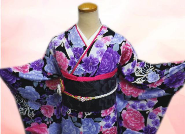 振袖 洗える お買上 お仕立上がり フルセット フリー 黒地八重桜薔薇蝶 成人式 出来上がり_2
