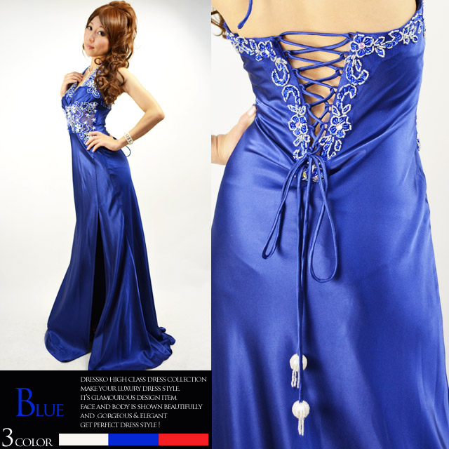 セール 値下げ【送料無料】スリットから魅せる美脚◆ウエストメッシュ＆背中スピンドルにビーズと宝石煌めくRICHロングドレス キャバドレス