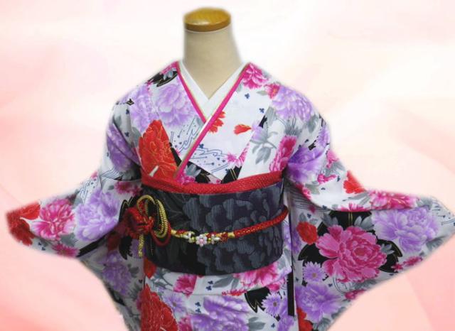 振袖 洗える お買上 お仕立上がり 袋帯 長襦袢 3点セット 白地大輪牡丹 フリー 成人式 購入 総柄 出来上がり ポリエステル 振袖 洗える お買上 お仕立上がり 袋帯 長襦袢 3点セット 白地大輪牡丹