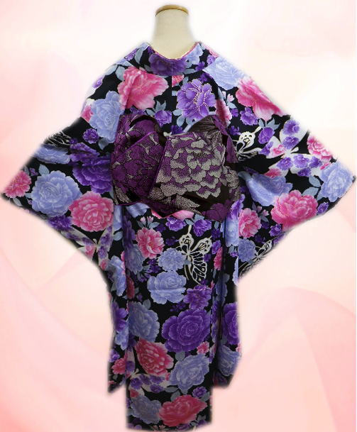 振袖 洗える お買上 お仕立上がり フルセット フリー 黒地八重桜薔薇蝶 成人式 出来上がり 振袖 洗える お買上 お仕立上がり フルセット フリー 黒地八重桜薔薇蝶