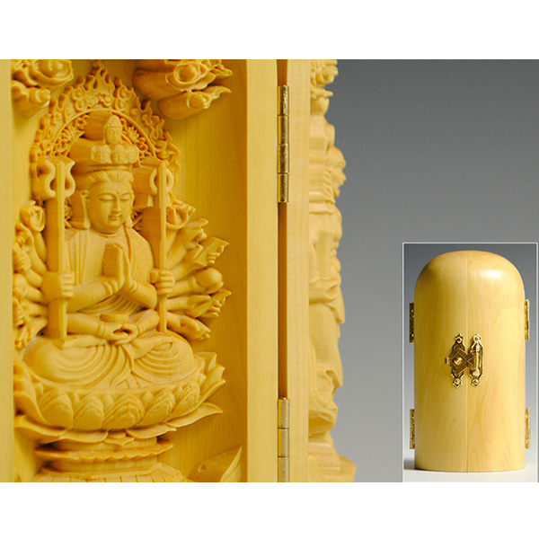 仏像】総柘植【千手観音菩薩】三開仏、無限大の慈悲で衆生を救うの通販