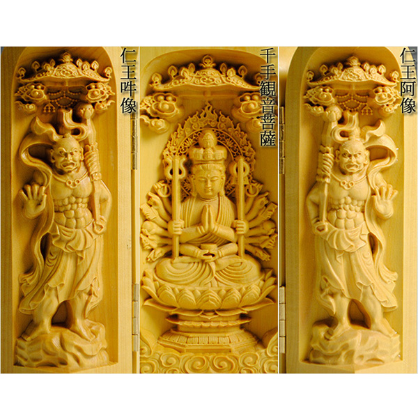 仏像】総柘植【千手観音菩薩】三開仏、無限大の慈悲で衆生を救うの通販